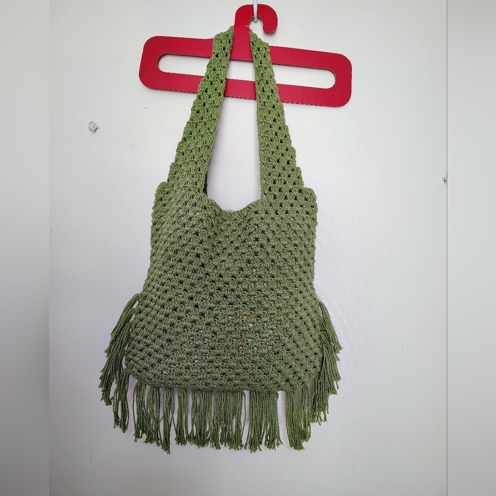 NWOT Handmade Tote Shoulder Bag Boho Chic Crochet Olive Green, Lightweight. - Picture 8 of 16